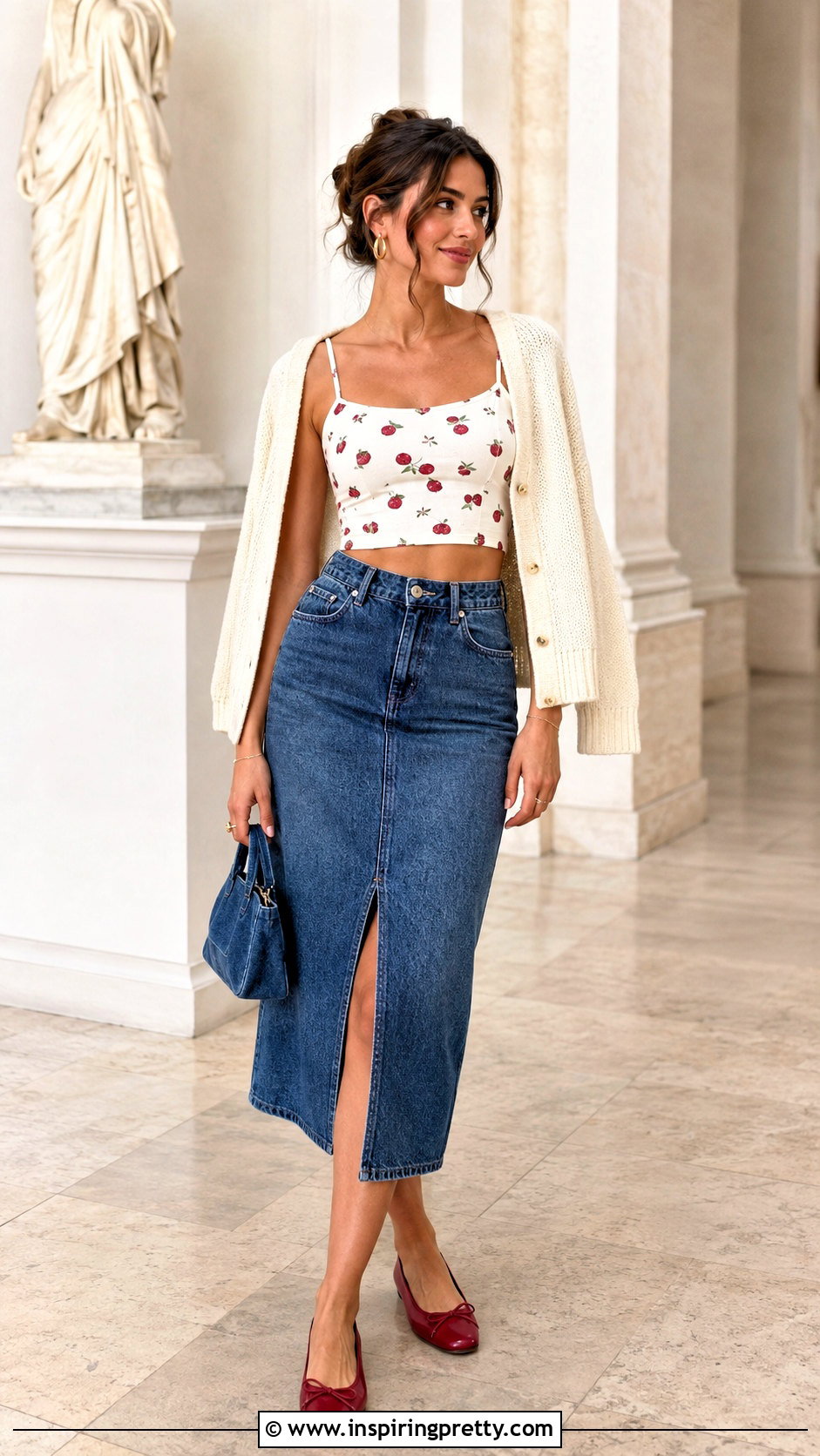 Raspberry Fruit Crop Top With Denim Midi Skirt - 25 fruit crop top outfit ideas