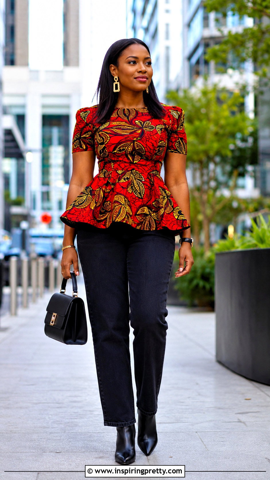 Red African Print Top With Black Jeans - 50 african print tops outfit ideas
