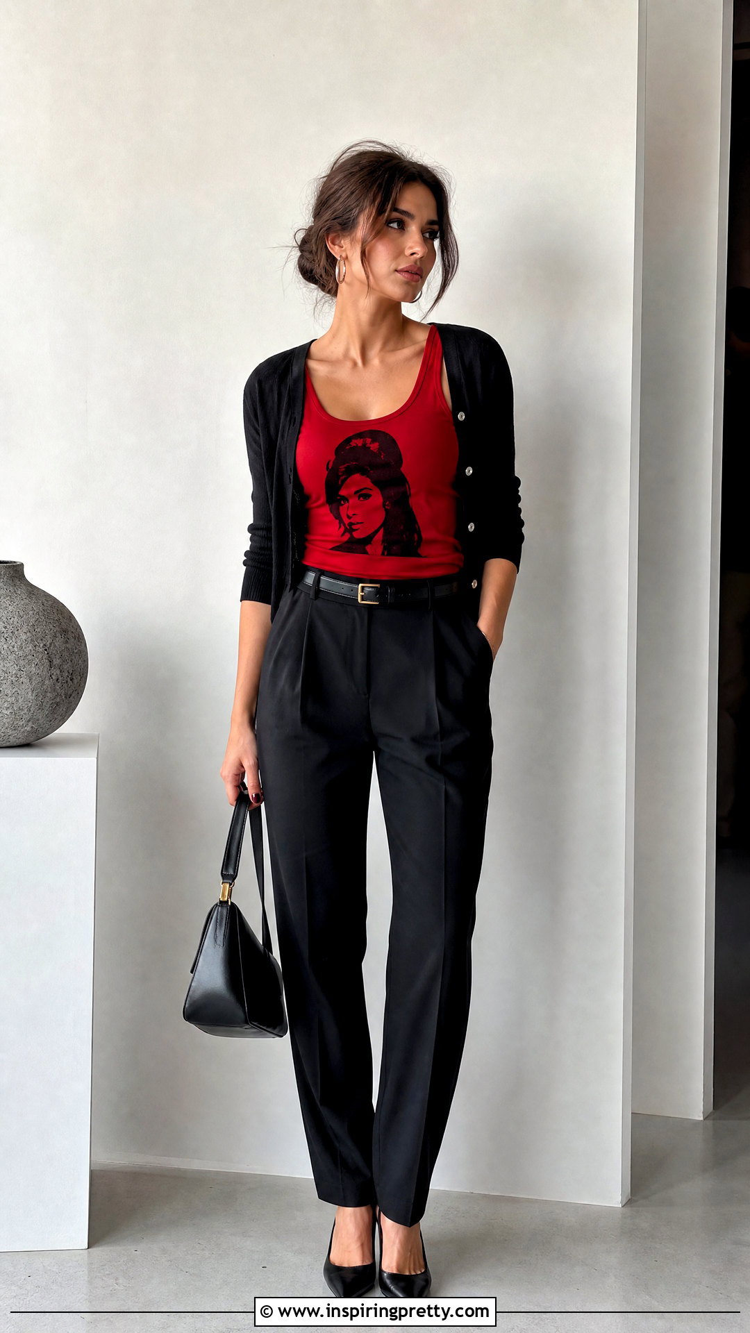 Red Amy Winehouse Tank Top With Black Trousers - 25 amy winehouse tank top outfit ideas