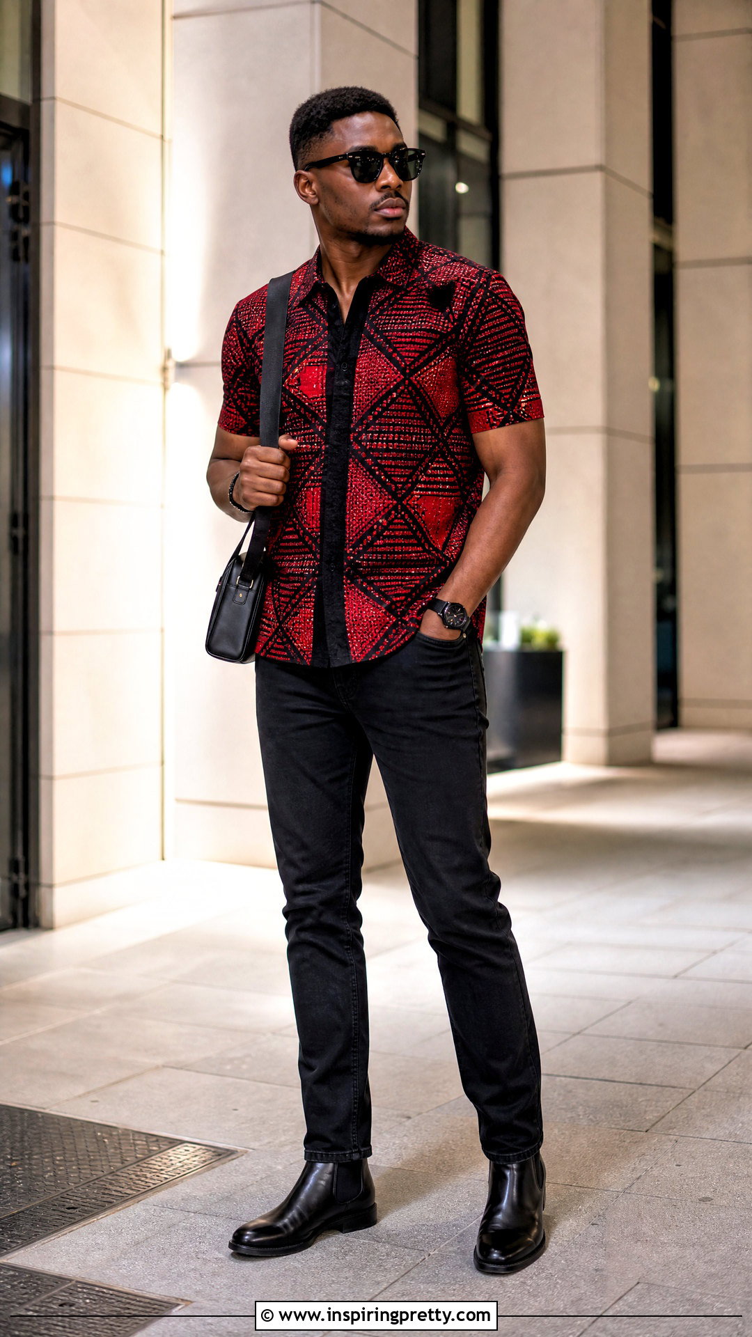 Red And Black Ankara Top With Black Denim - 50 ankara top for men outfit ideas