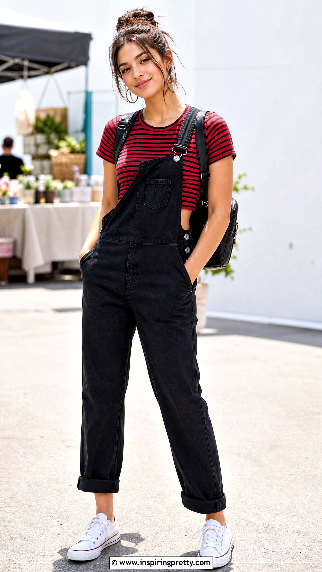 Red And Black Striped Crop Top With Black Overalls - 20 red and black striped crop top outfit ideas