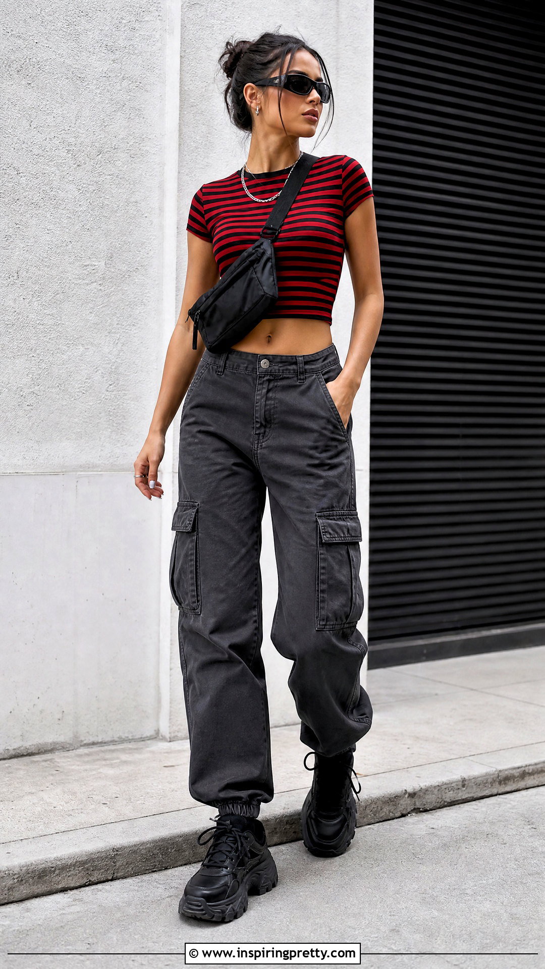 Red And Black Striped Crop Top With Cargo Pants - 20 red and black striped crop top outfit ideas