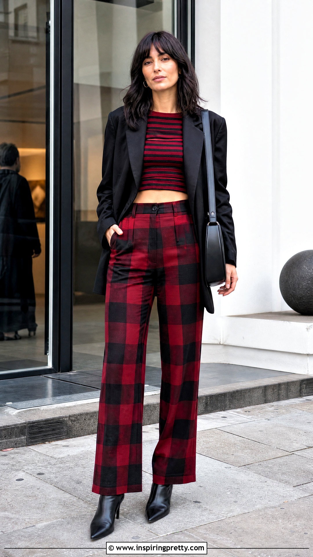 Red And Black Striped Crop Top With Plaid Pants - 20 red and black striped crop top outfit ideas