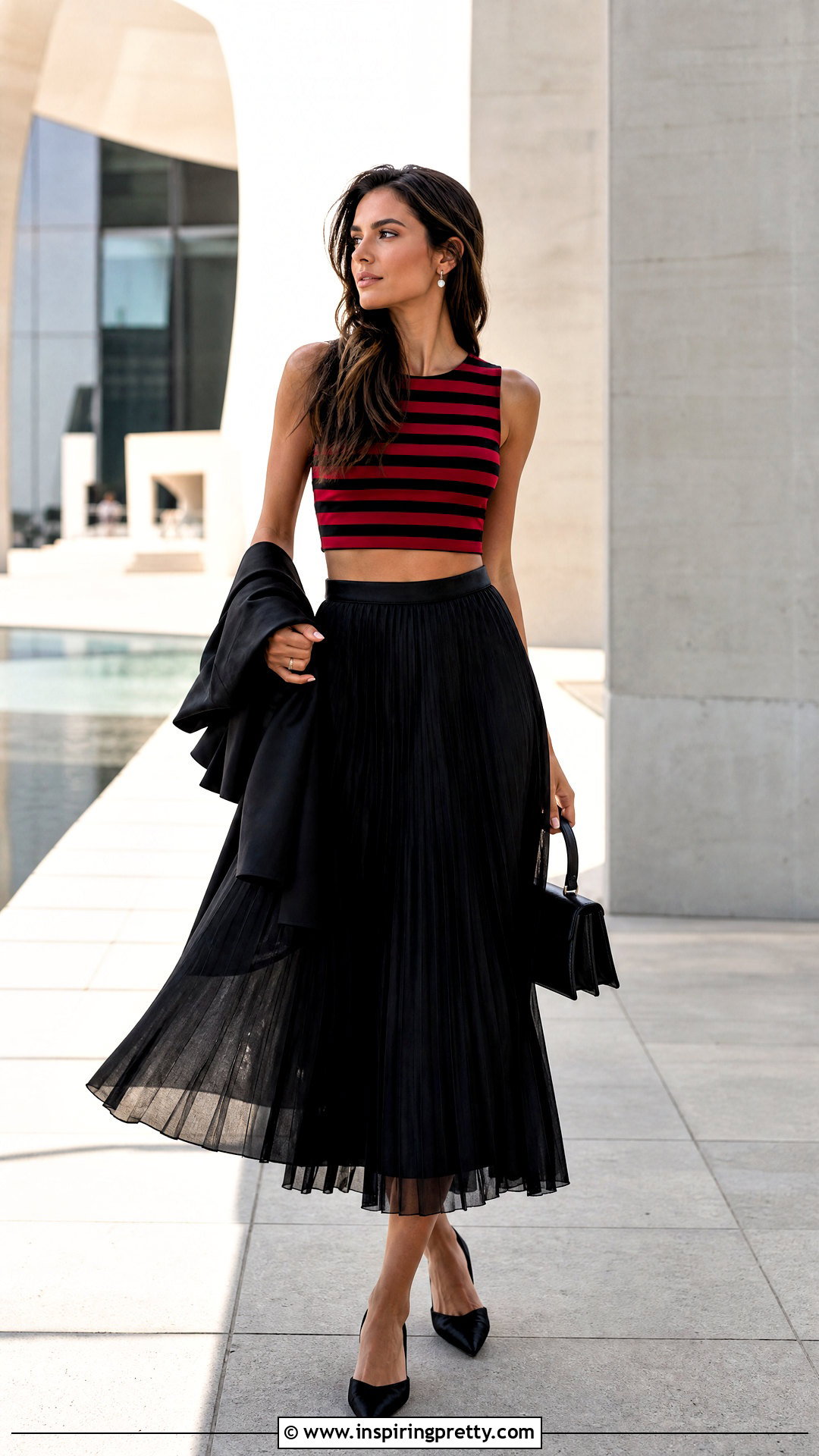 Red And Black Striped Crop Top With Pleated Skirt - 20 red and black striped crop top outfit ideas