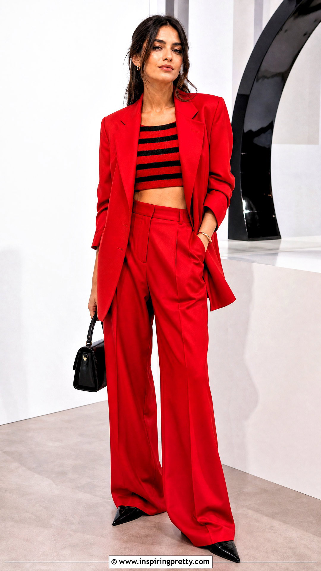 Red And Black Striped Crop Top With Red Suit - 20 red and black striped crop top outfit ideas