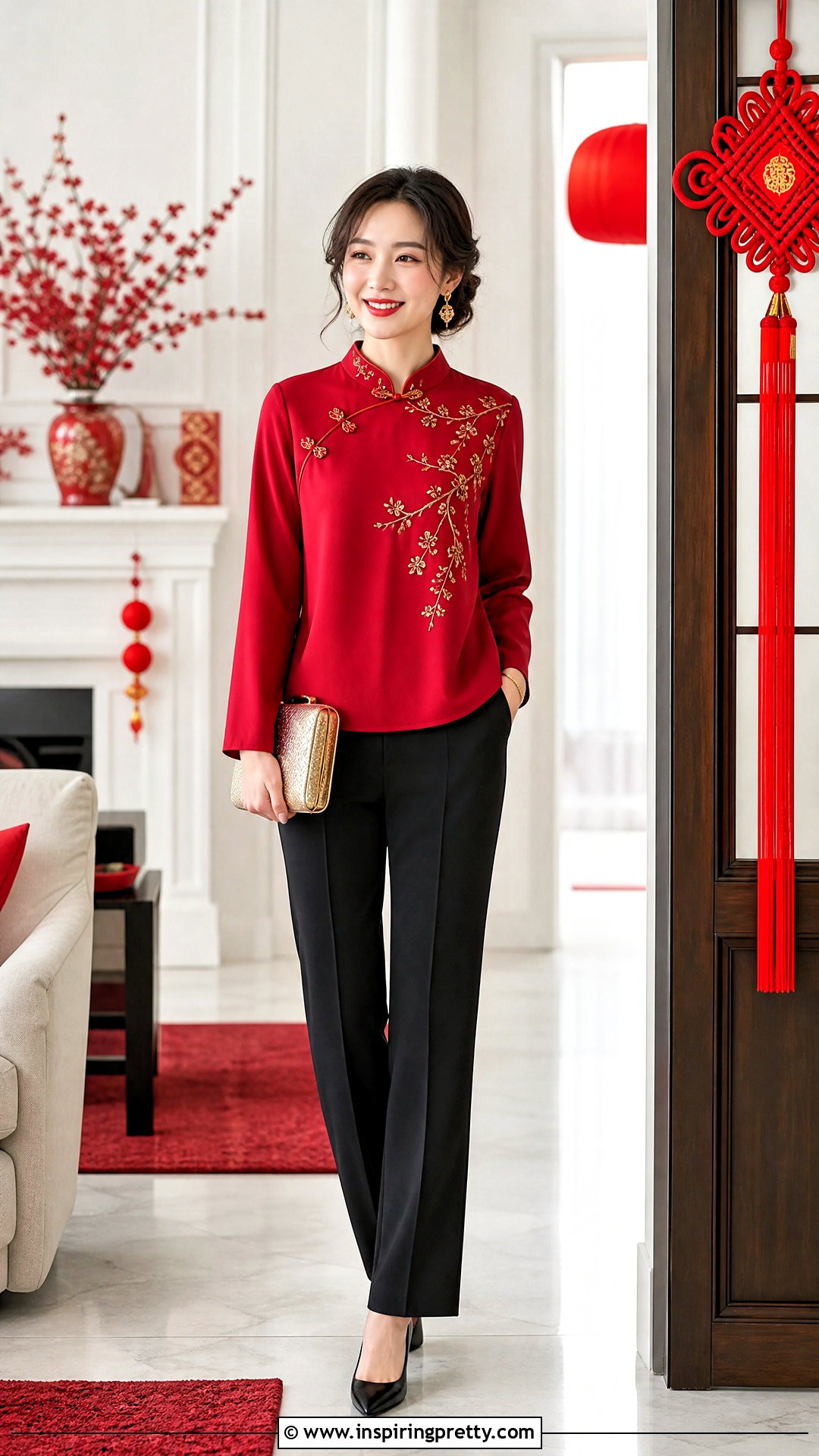 Red And Gold Chinese Top With Black Pants - 50 chinese top outfit ideas