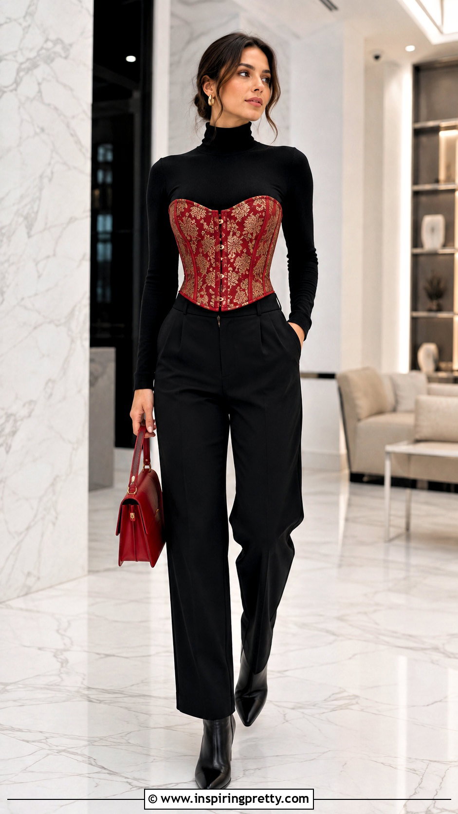 Red And Gold Corset Top Over A Black Turtleneck - 25 red and gold corset top outfit ideas