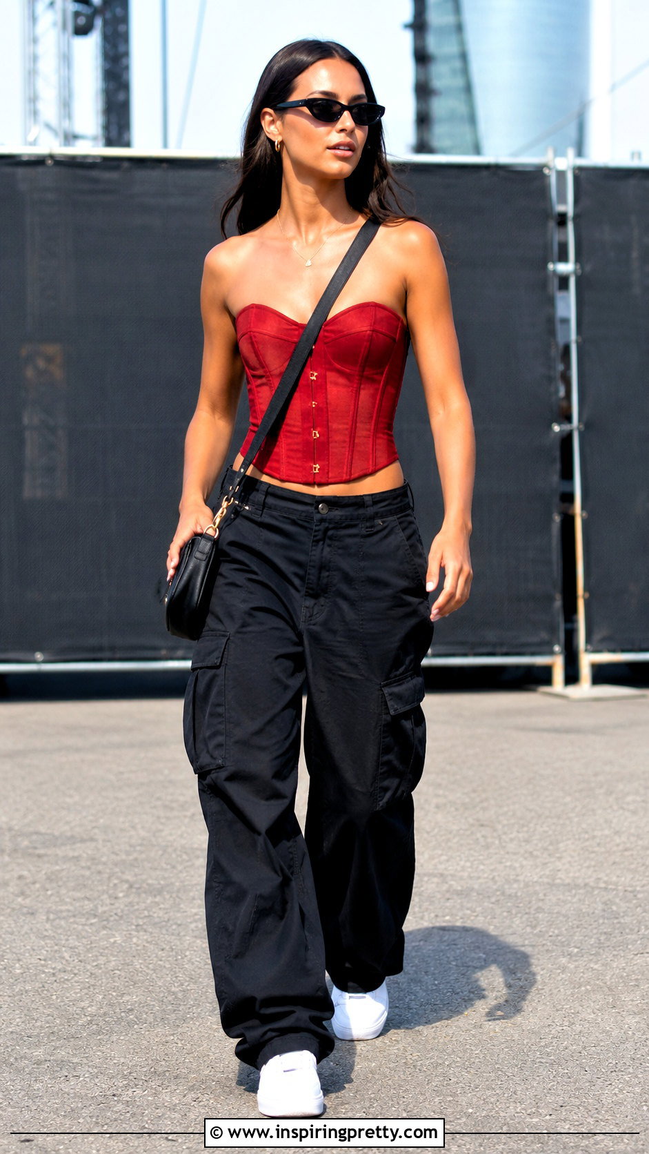 Red And Gold Corset Top With Cargo Pants And Sneakers - 25 red and gold corset top outfit ideas