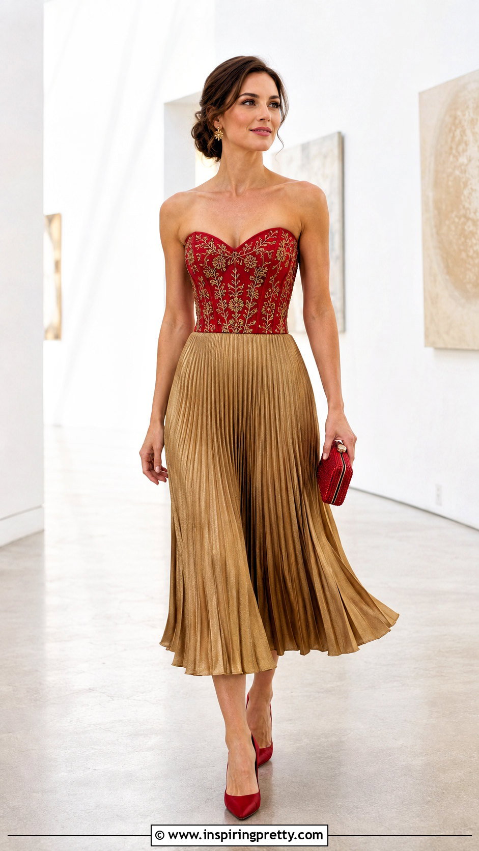 Red And Gold Corset Top With Gold Pleated Midi Skirt - 25 red and gold corset top outfit ideas