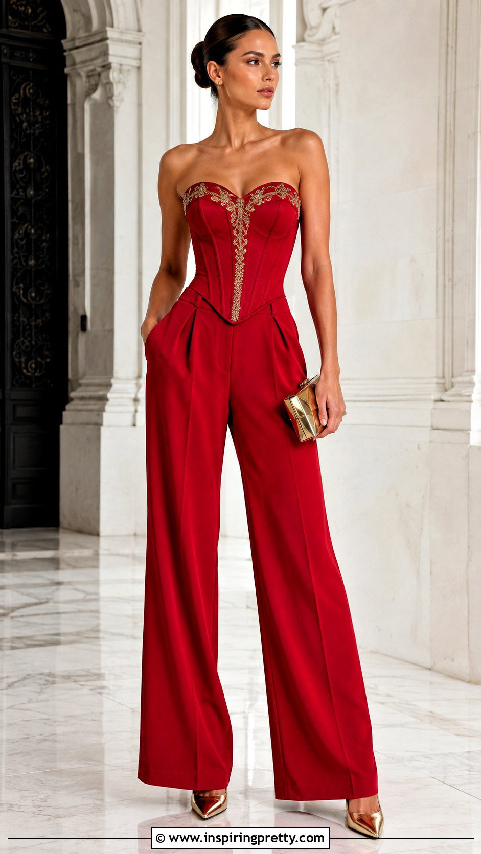 Red And Gold Corset Top With Red Tailored Pants - 25 red and gold corset top outfit ideas