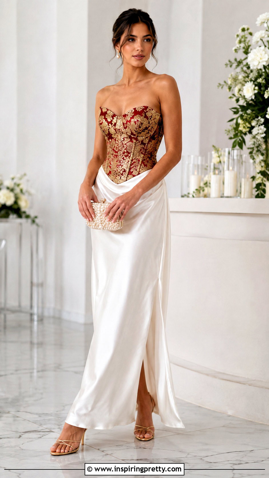 Red And Gold Corset Top With White Satin Maxi Skirt - 25 red and gold corset top outfit ideas
