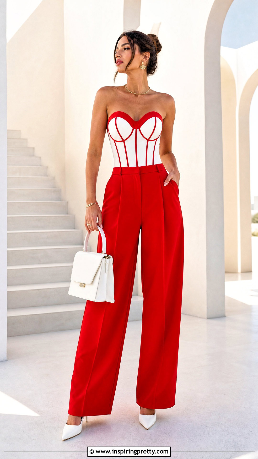 Red And White Corset Top With Red Wide Leg Pants - 25 Red And White Corset Top outfit ideas