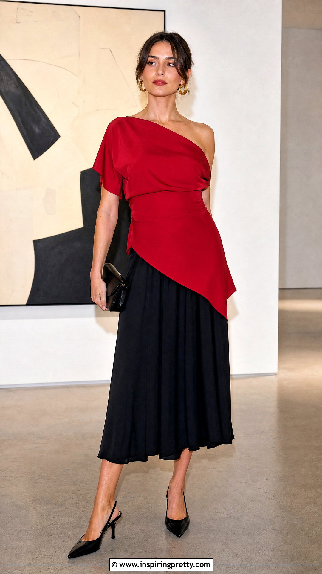 Red Asymmetrical Top With Black Midi Skirt - 50 asymmetrical tops outfit ideas
