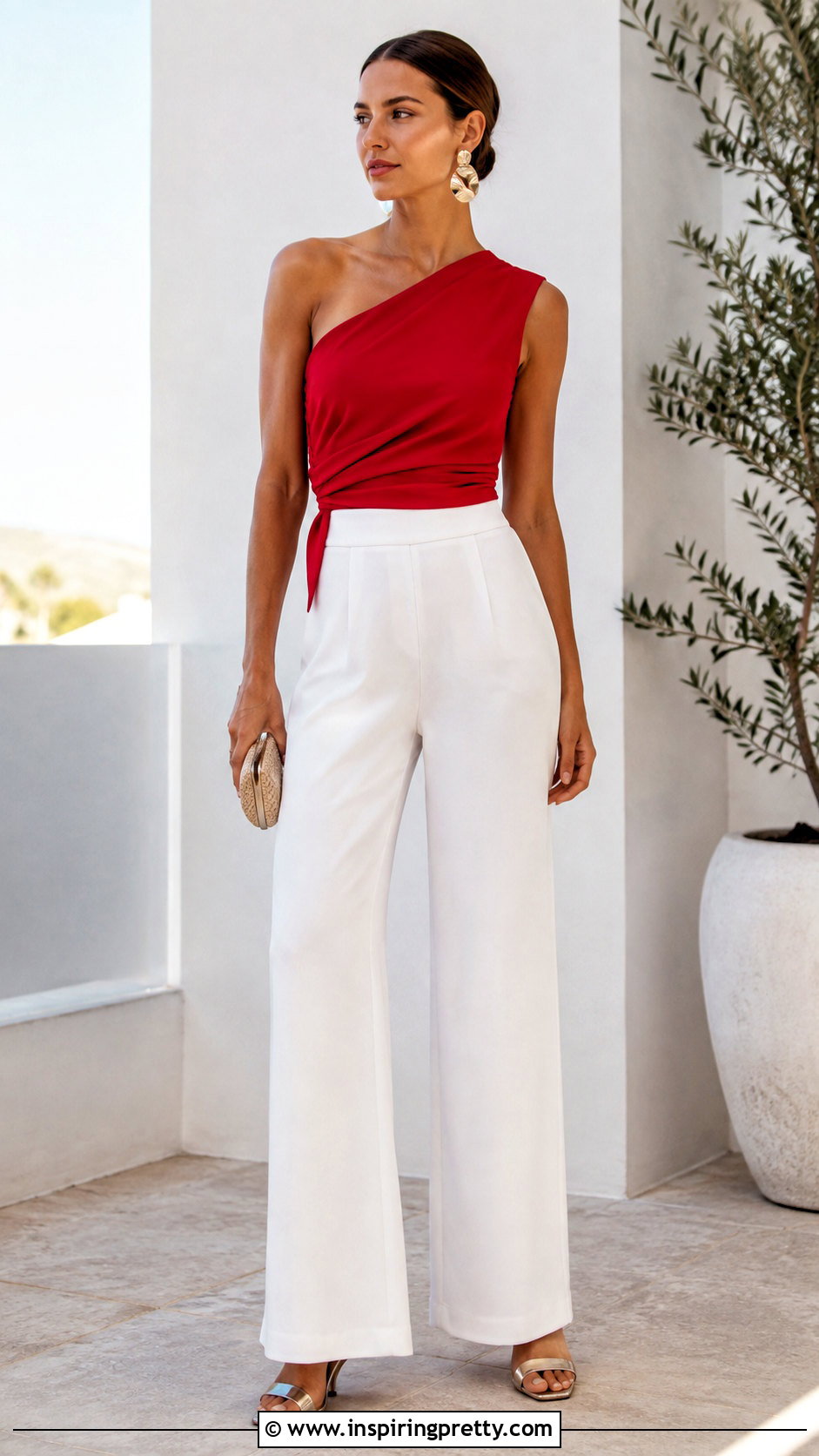 Red Asymmetrical Top With White Trousers - 50 red top outfit summer ideas