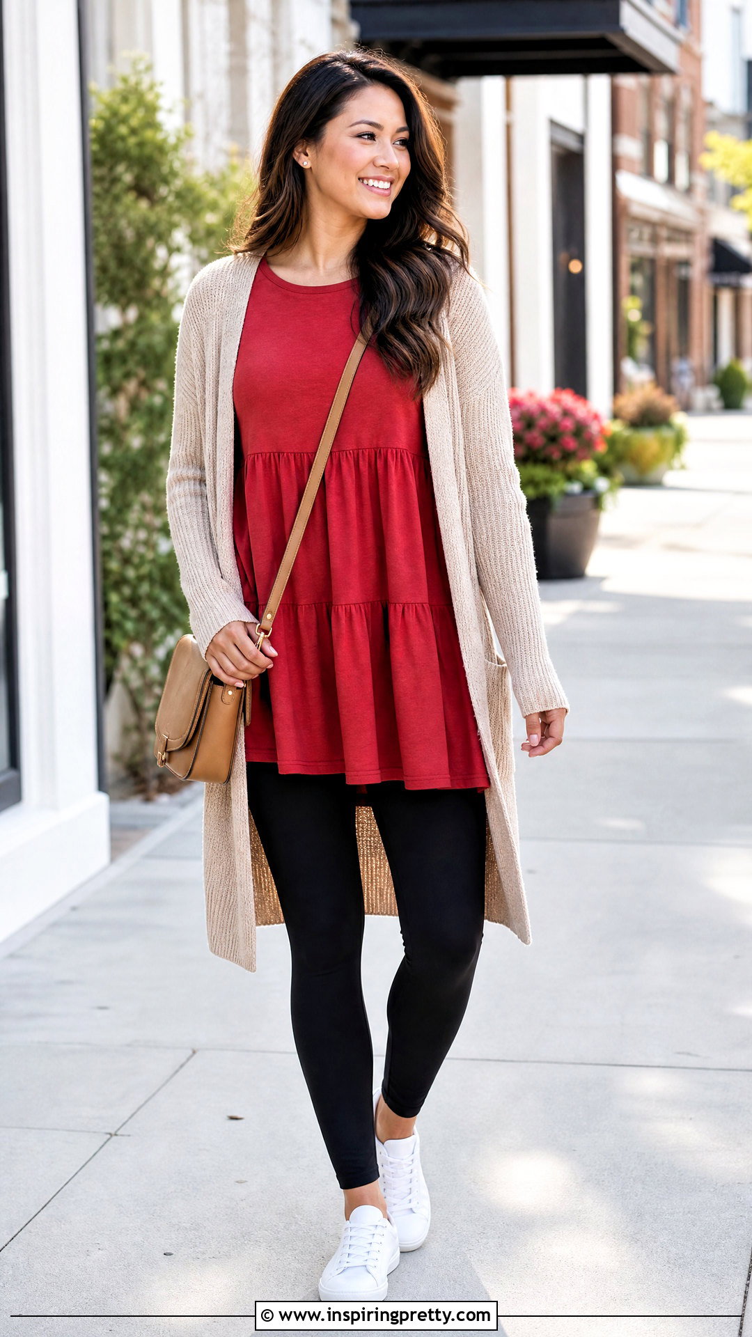 Red Babydoll Top With Black Leggings - 50 cute red tops outfit ideas