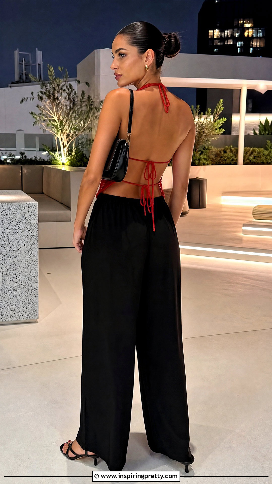Red Backless Crochet Top With Black Trousers - 50 backless crochet top outfit ideas