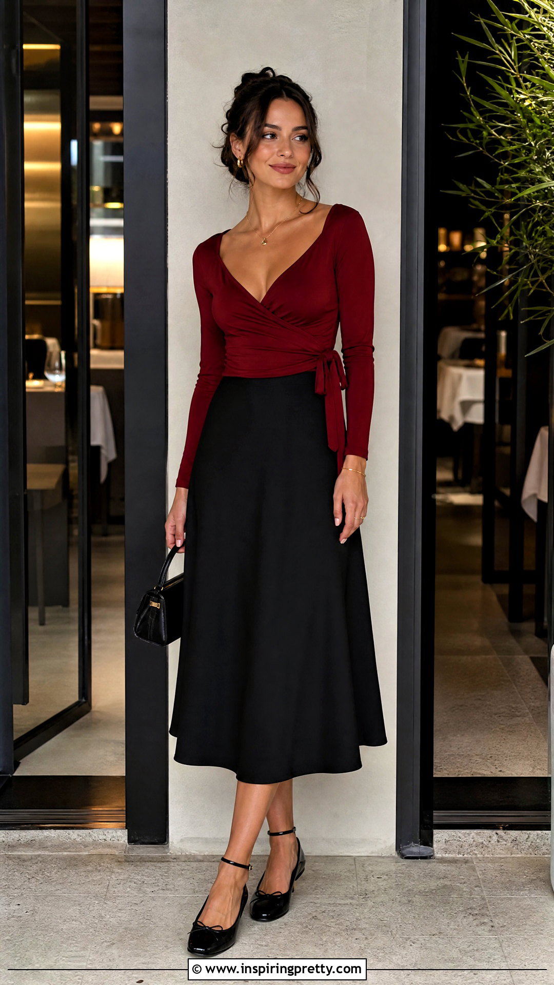 Red Ballerina Top With Black Midi Skirt - 25 Ballerina Style Top outfit ideas