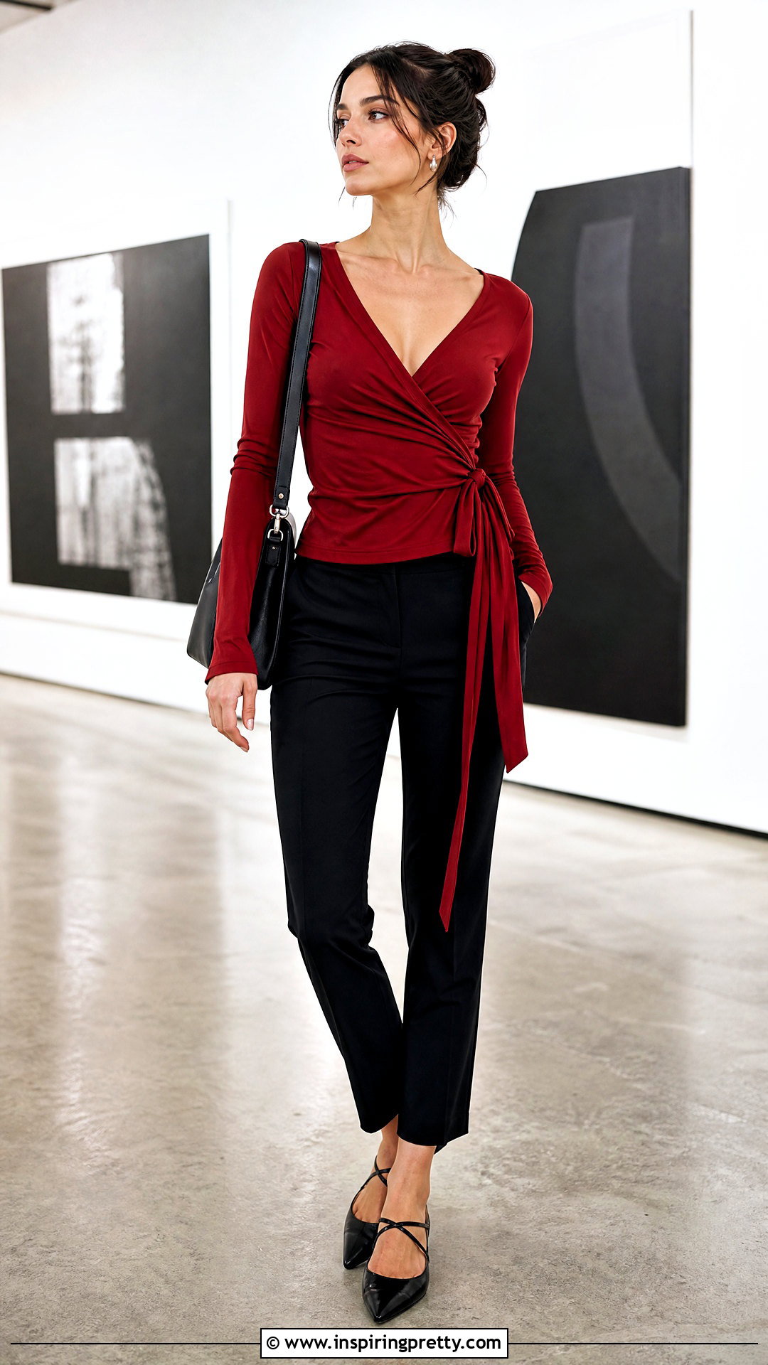 Red Ballet Wrap Top With Black Pants - 25 Ballet Style Wrap Top outfit ideas