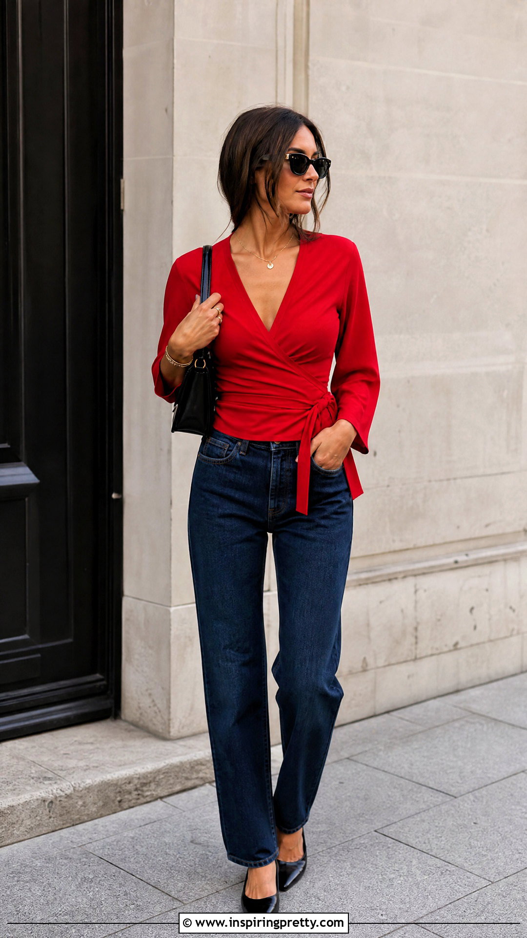 Red Ballet Wrap Top With Dark Wash Jeans - 50 ballet wrap top outfit ideas