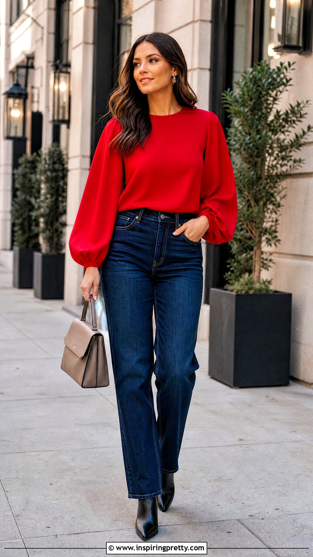 Red Balloon Top With Dark Wash Jeans - 50 balloon top outfit ideas