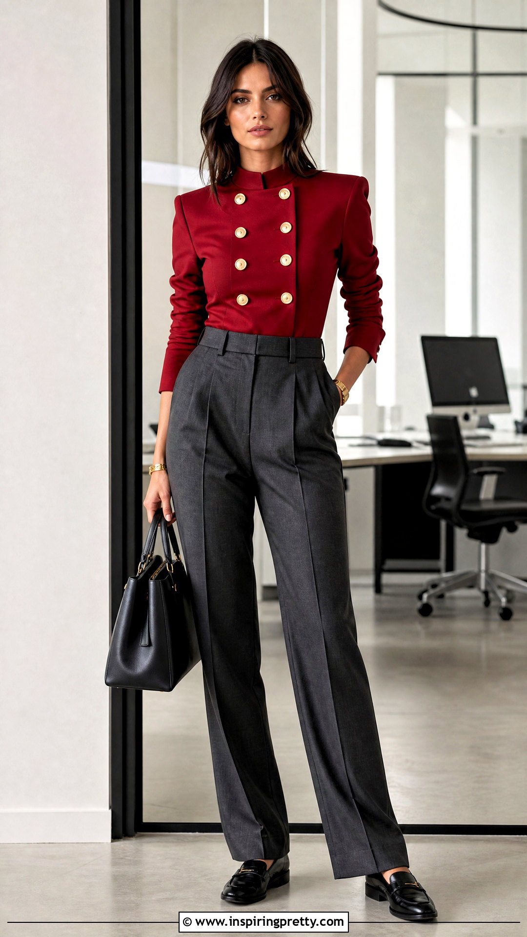 Red Balmain Top With Gray Suit Pants - 20 Red Balmain Top outfit ideas