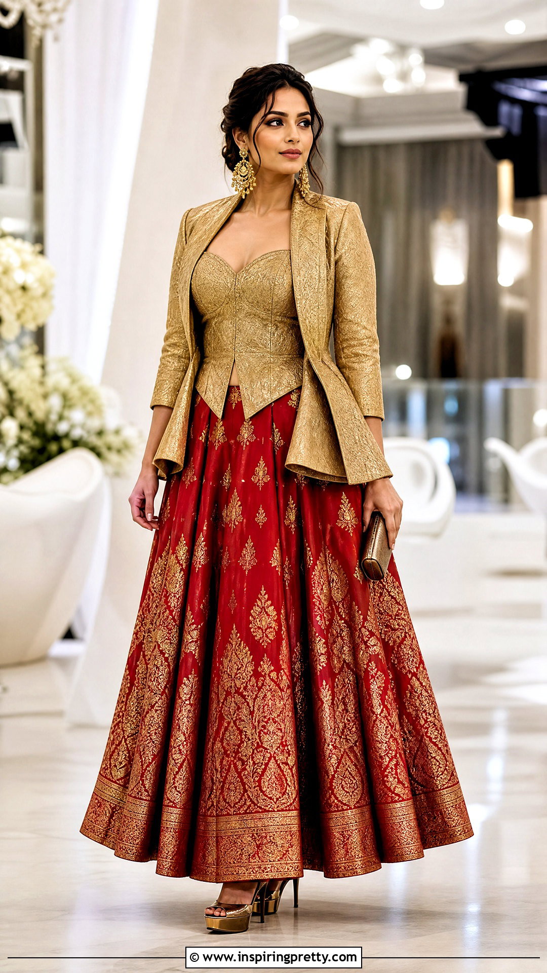 Red Banarasi Skirt With Bustier And Peplum Jacket - 50 banarasi skirt and top outfit ideas