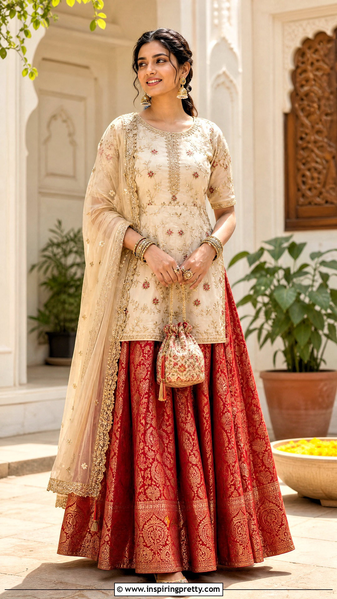 Red Banarasi Skirt With Embroidered Kurti - 50 banarasi skirt and top outfit ideas