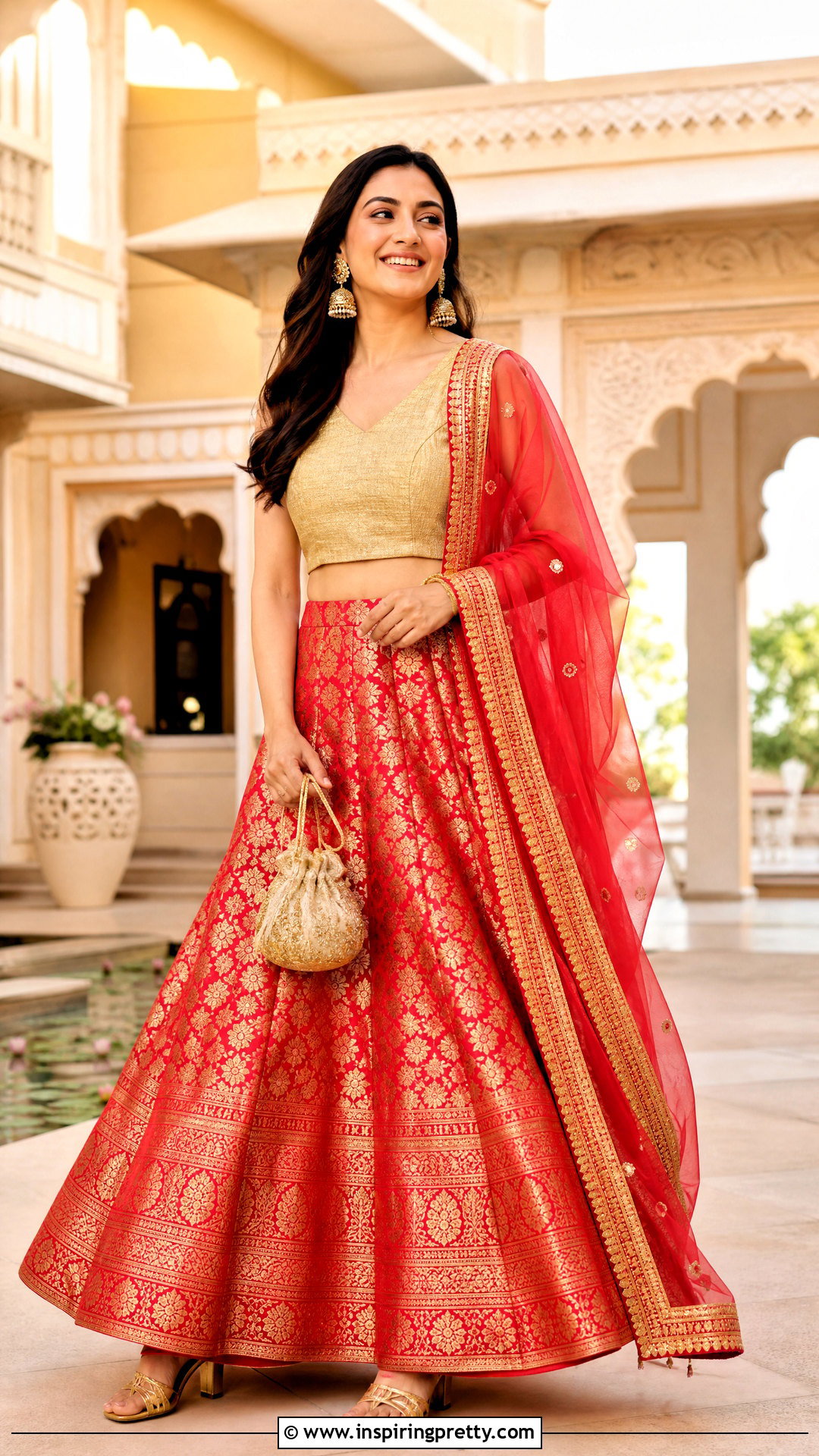 Red Banarasi Skirt With Gold Crop Top - 50 banarasi skirt and top outfit ideas