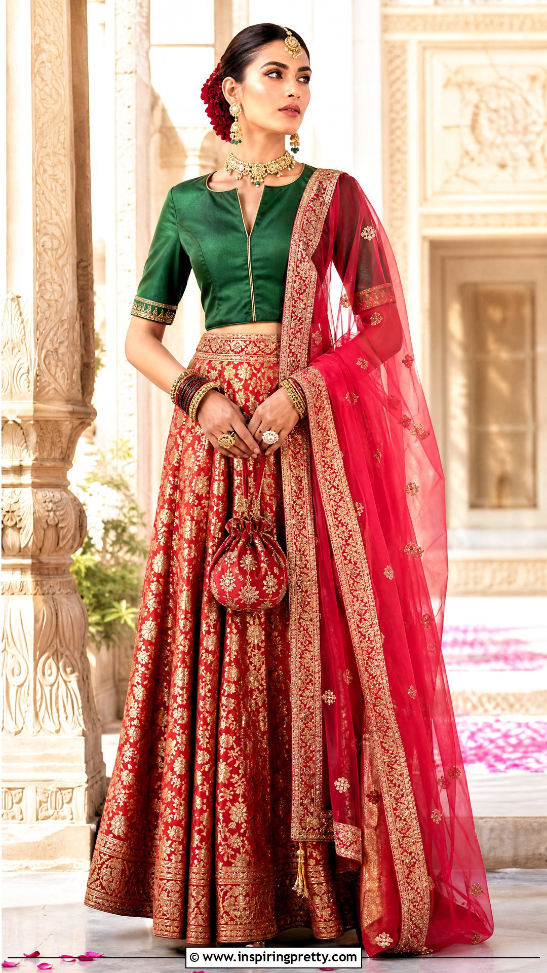 Red Banarasi Skirt With Green Bridal Top - 50 banarasi skirt and top outfit ideas
