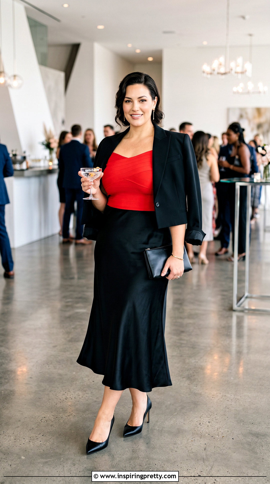Red Bandage Top With Black Midi Skirt - 25 herve leger bandage top outfit ideas