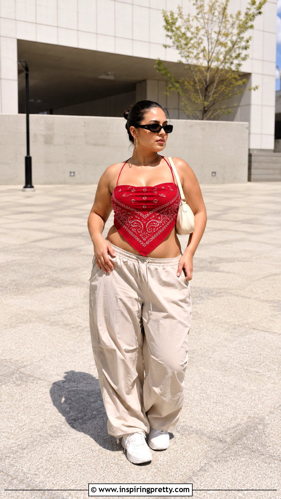 Red Bandana Halter Top With Beige Parachute Pants - 20 red bandana halter top outfit ideas