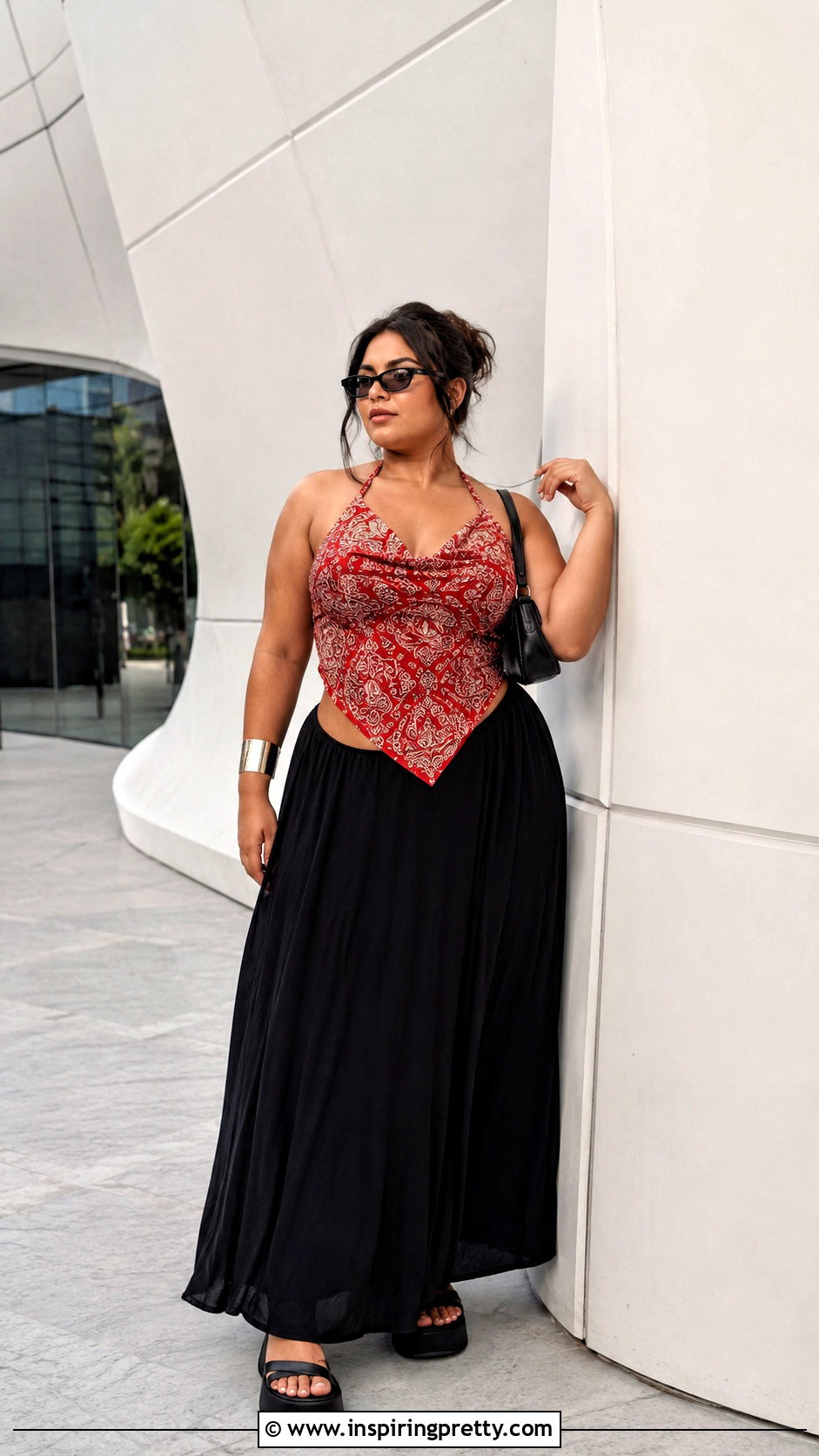 Red Bandana Halter Top With Black Maxi Skirt - 20 red bandana halter top outfit ideas