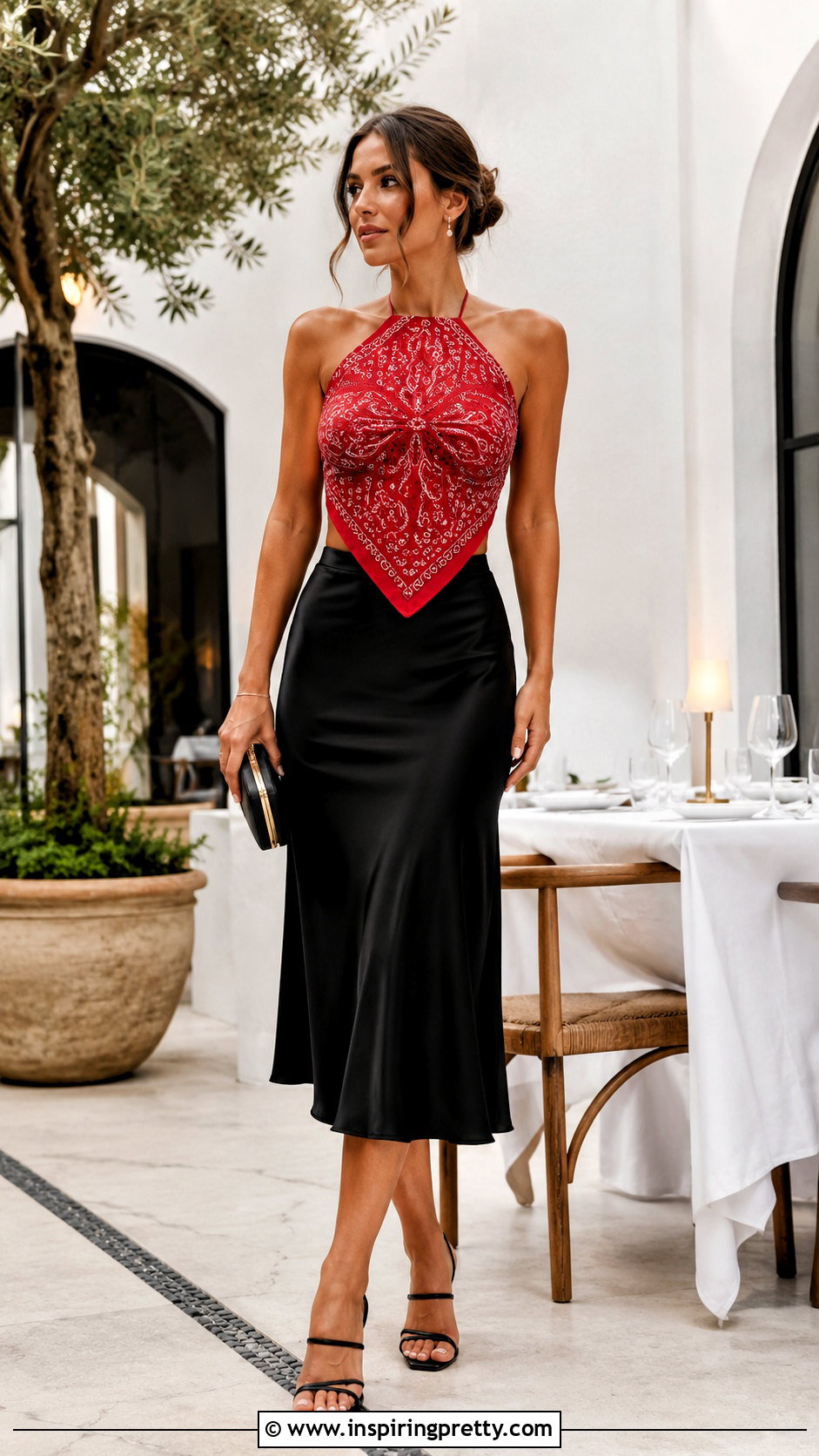Red Bandana Halter Top With Satin Midi Skirt - 20 red bandana halter top outfit ideas