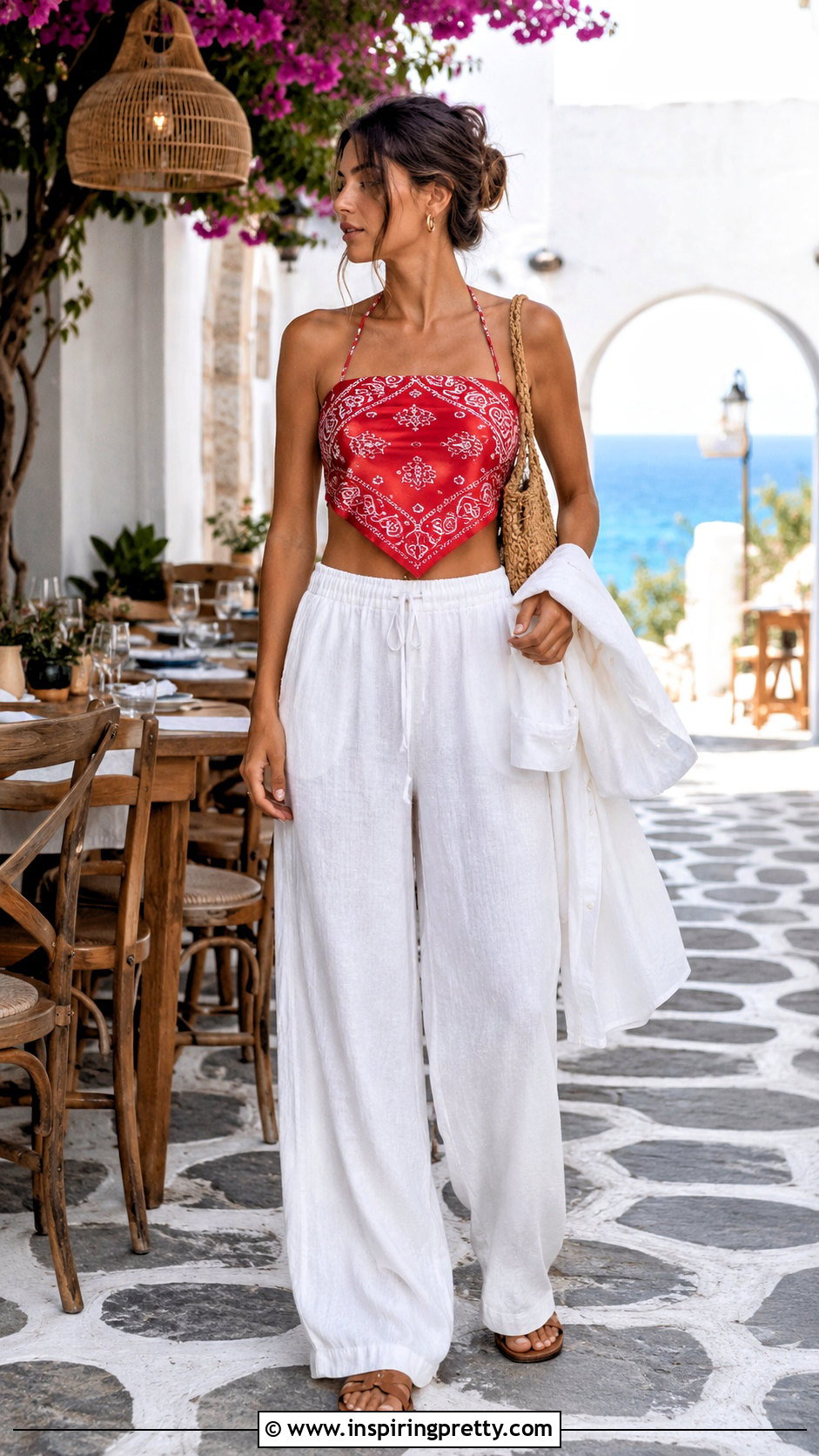 Red Bandana Halter Top With White Linen Pants - 20 red bandana halter top outfit ideas