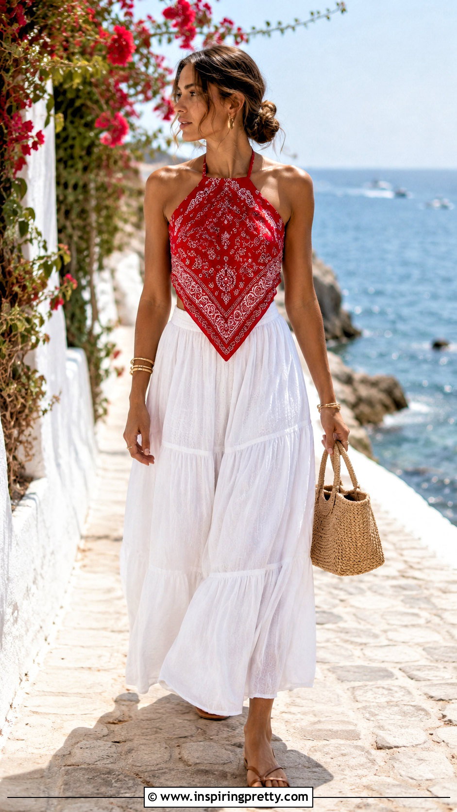Red Bandana Halter Top With White Maxi Skirt - 20 red bandana halter top outfit ideas