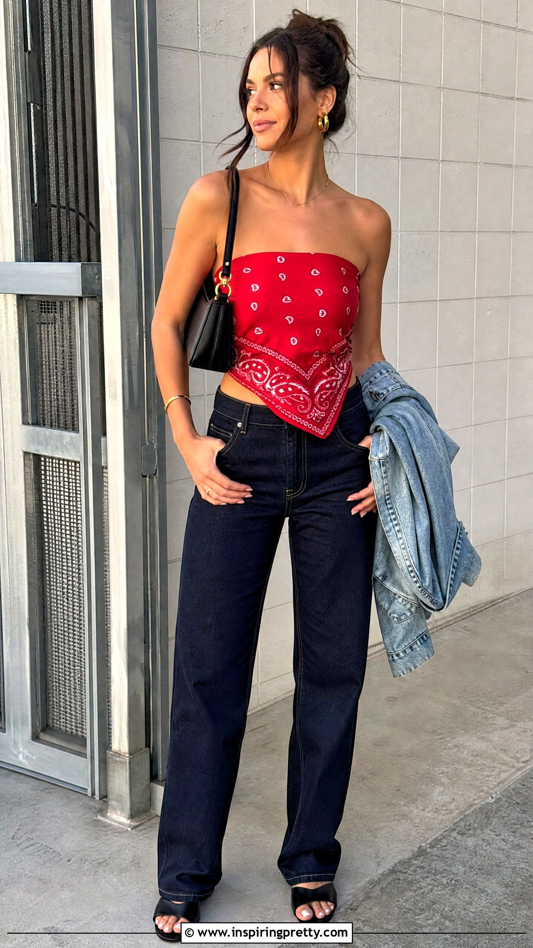 Red Bandana Top With Dark Jeans - 50 bandana top outfit ideas