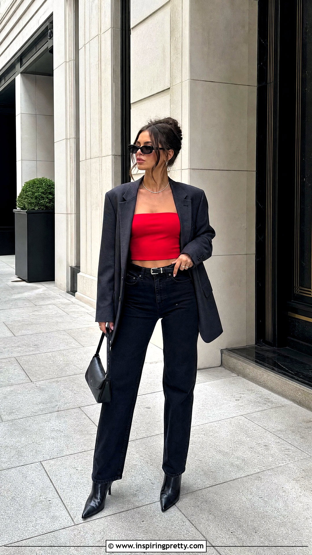 Red Bandeau Top With Black Jeans - 50 bandeau top outfit ideas