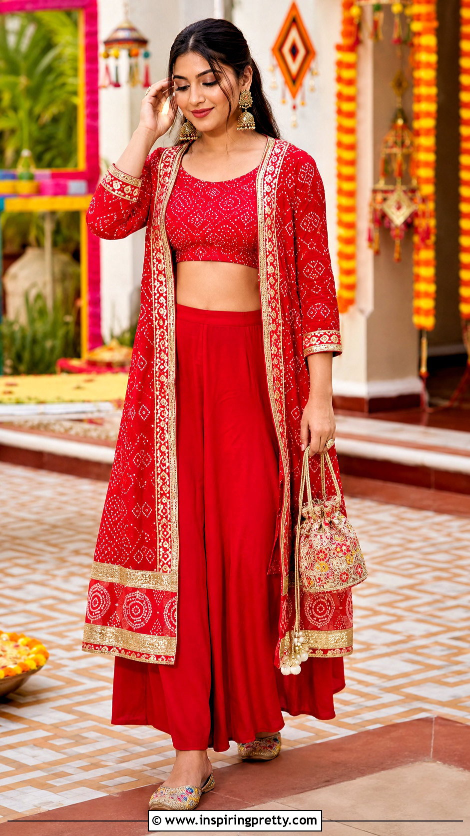 Red Bandhani Crop Top Palazzo With Gota Jacket - 25 crop top palazzo with jacket indian outfit ideas