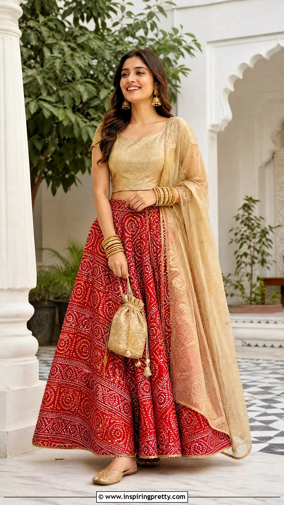 Red Bandhani Skirt And Gold Blouse Outfit - 50 traditional skirt and top outfit ideas