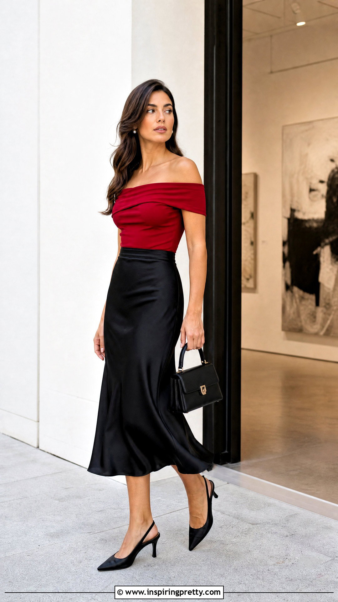 Red Bardot Top With Black Midi Skirt - 25 Red Bardot Top outfit ideas