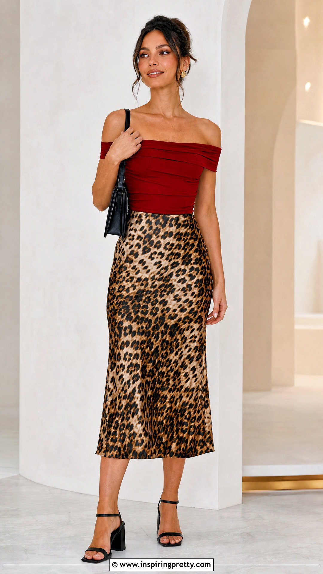 Red Bardot Top With Leopard Print Midi Skirt - 25 Red Bardot Top outfit ideas