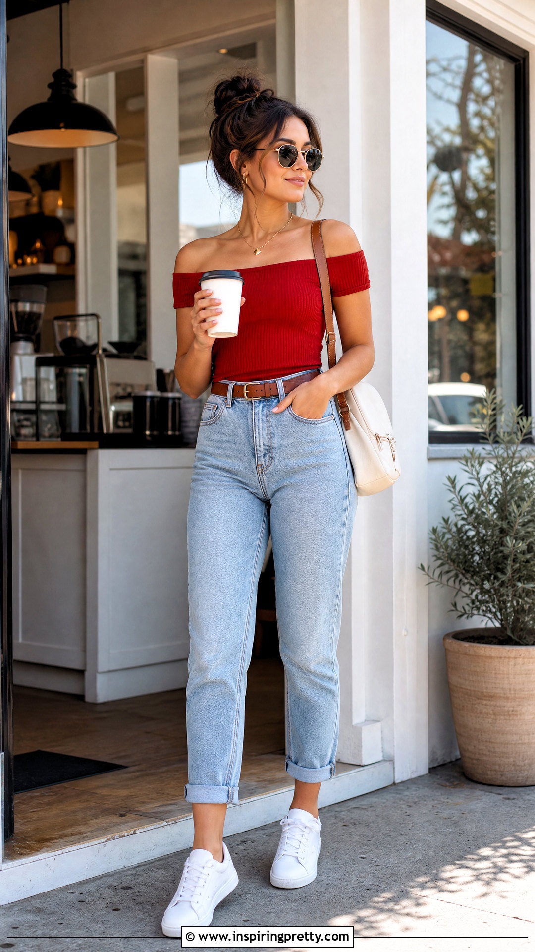 Red Bardot Top With Light Wash Mom Jeans - 25 Red Bardot Top outfit ideas