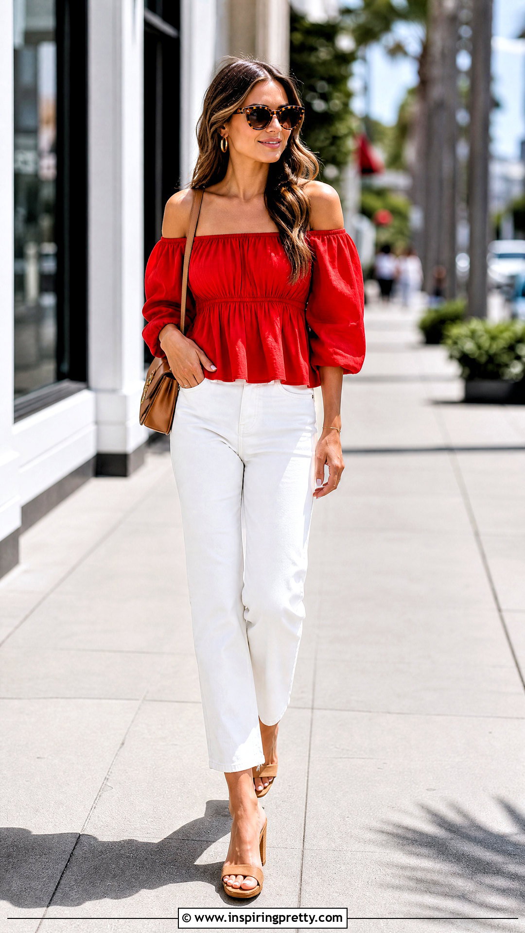 Red Bardot Top With White Jeans - 50 bardot top outfit ideas