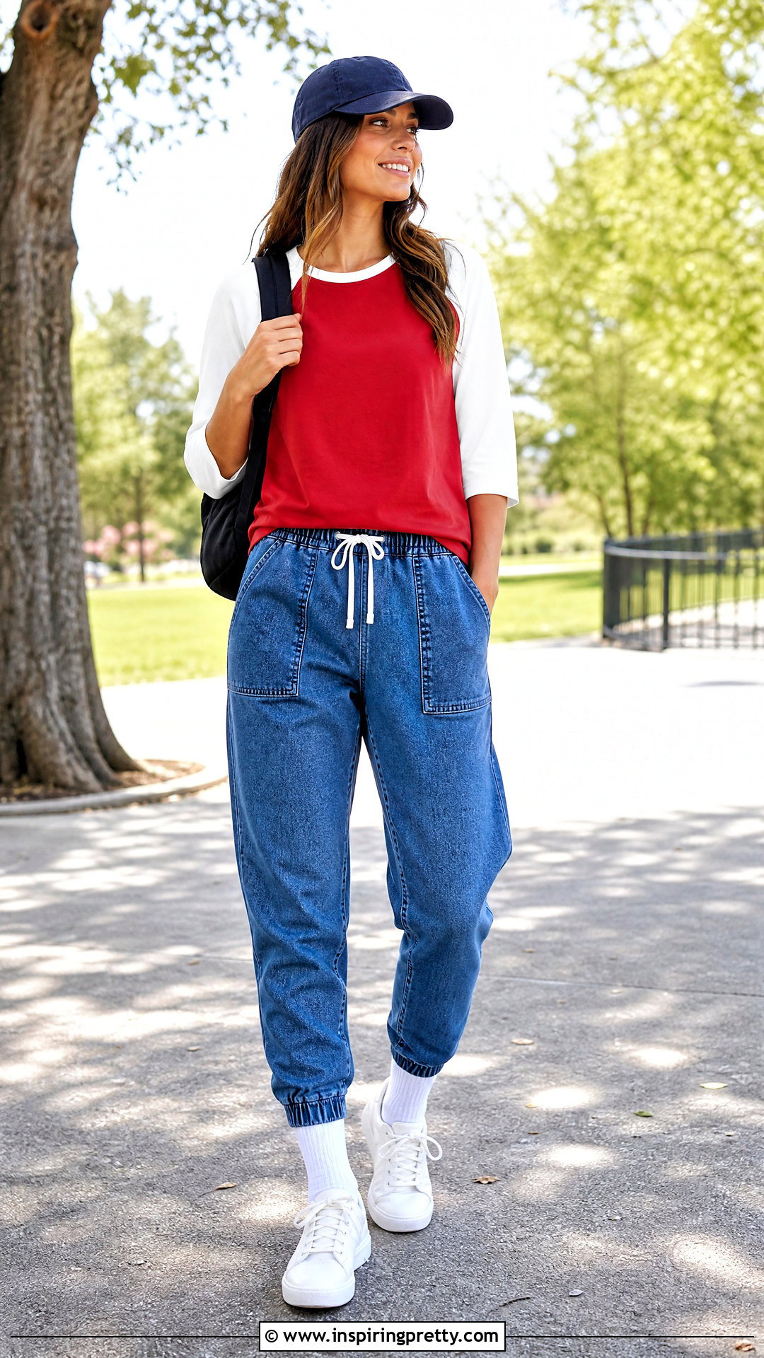 Red Baseball Tee With Denim Joggers - 50 red top outfit casual ideas