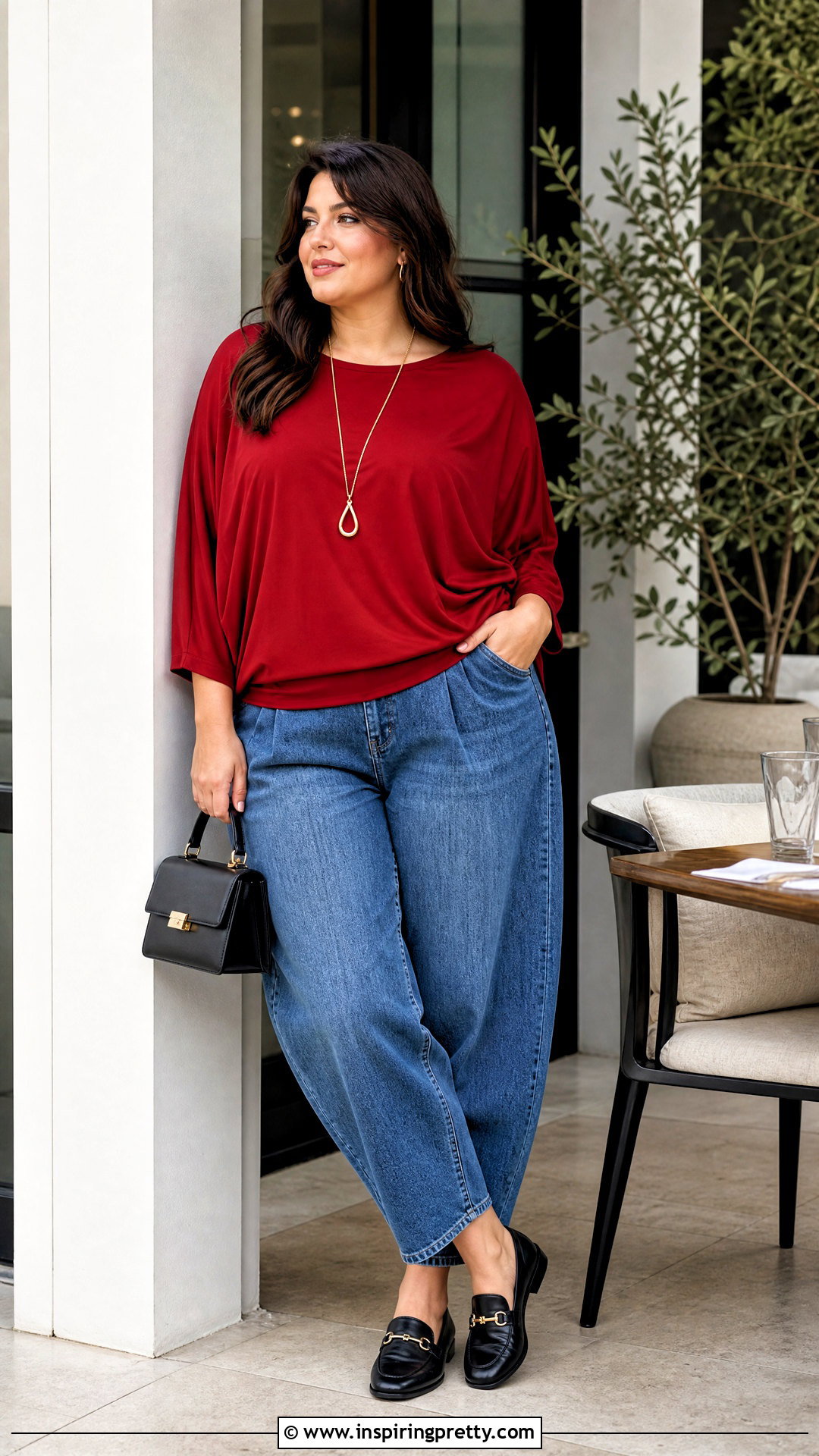 Red Batwing Top With Barrel Jeans - 50 red top and jeans