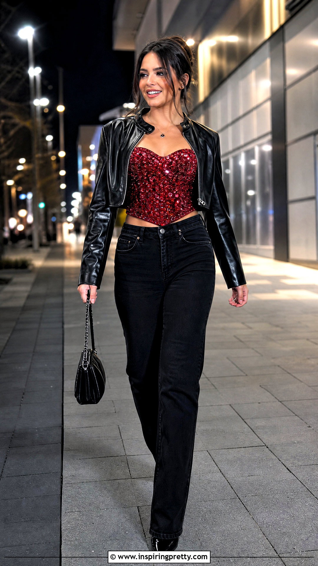 Red Bedazzled Top With Black Jeans - 50 bedazzled top outfit ideas