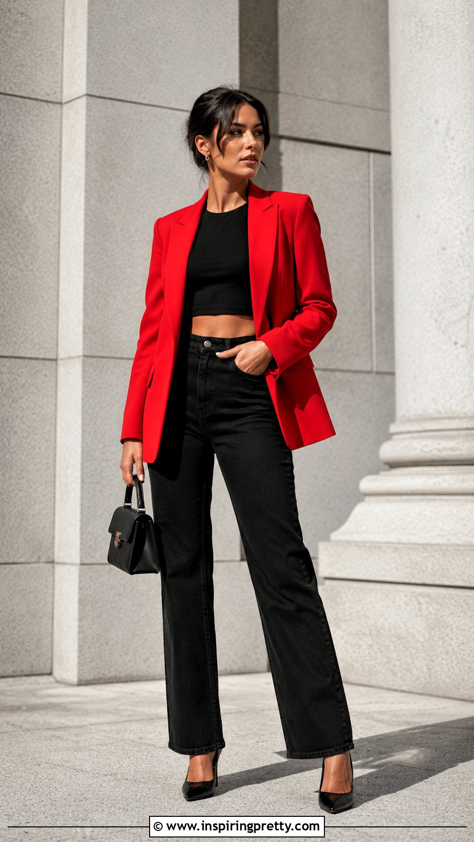 Red Blazer Black Crop Top Black Jeans - 20 blazer with crop top and jeans