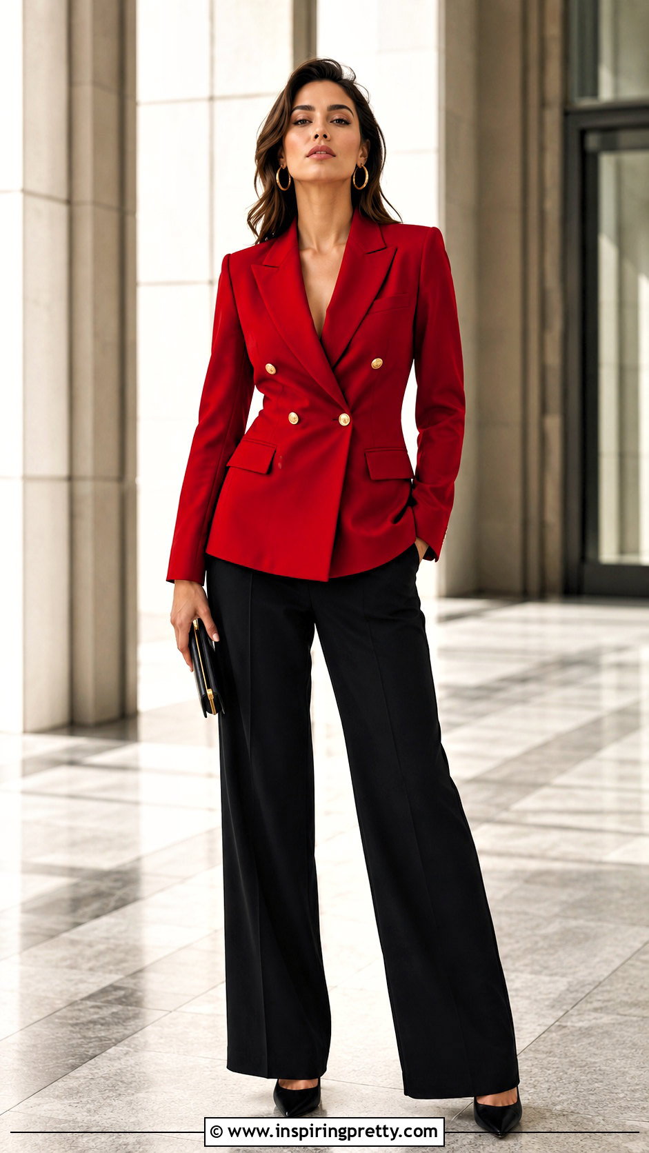 Red Blazer Top With Black Trousers - 50 red top outfit party ideas