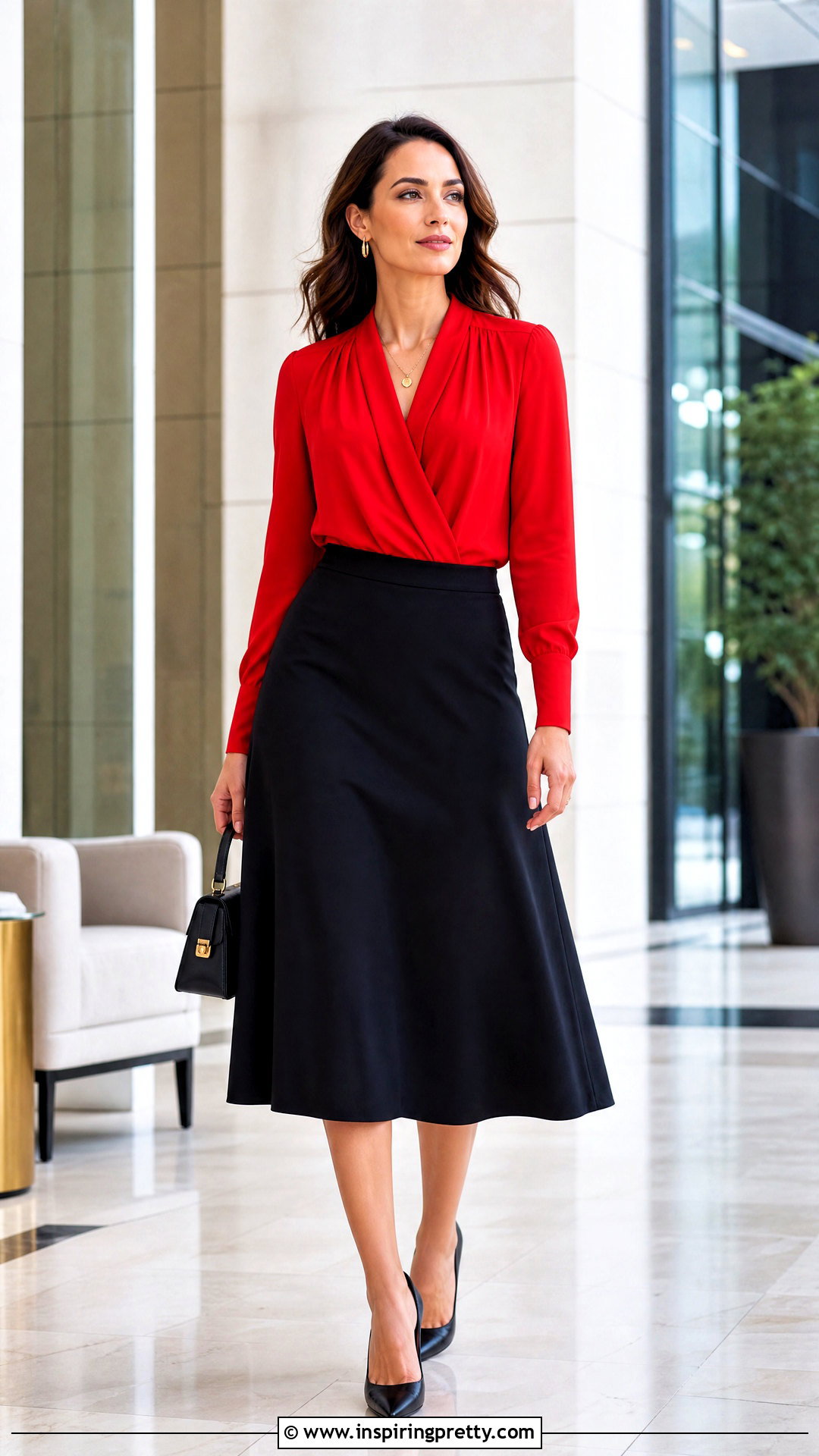 Red Blouse With Black Midi Skirt - 50 nice tops outfit ideas