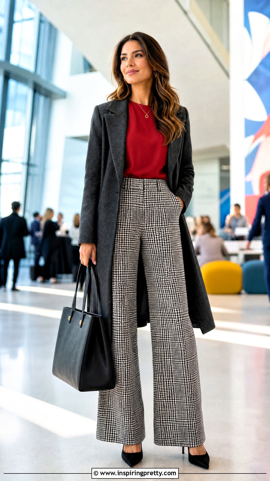 Red Blouse With Checkered Pants - 50 red top outfit ideas